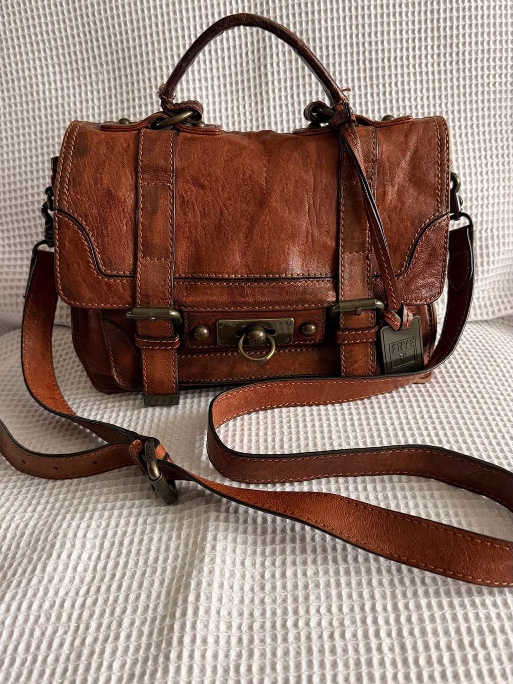 FRYE Cognac Brown Leather Satchel Crossbody Bag